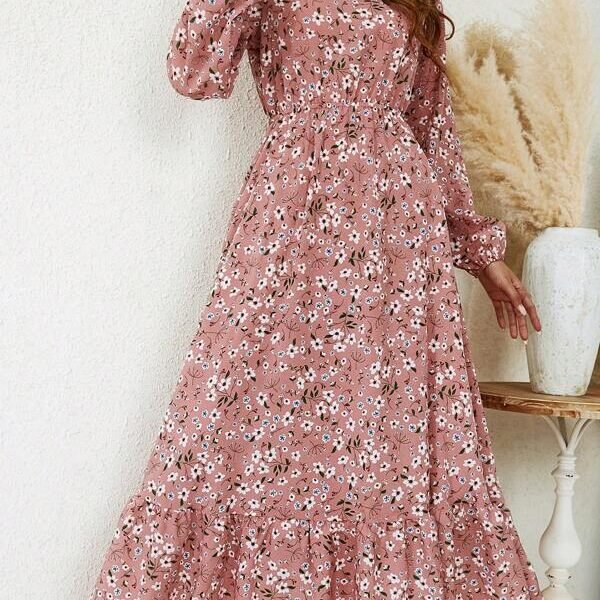 SHEIN LUNE فستان ماكسي للسيدات ذو أكمام طويلة وياقة مستديرة مزخرفة بطبعات الأزهار وبتفاصيل كشكشة لأسفل الحافة
