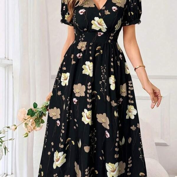 SHEIN Clasi فستان صيفي كاجوال طويل بأكمام منفوخة وطباعة زهور للسيدات