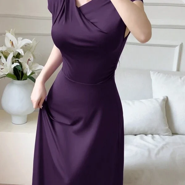 Modelyn العيد فستان ليلي أنيق طويل أرجواني، تصميم سليم مناسب للمناسبات الرسمية، أكمام قصيرة، لون أرجواني زيتي سادة، فستان طويل للسيدات