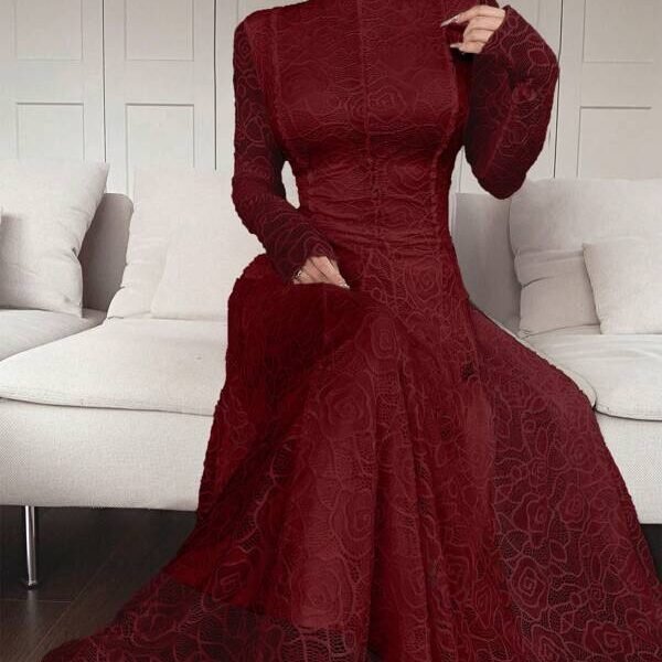 Modelyn العيد فستان أبيض أنيق طويل مرصع بالدانتيل للنساء