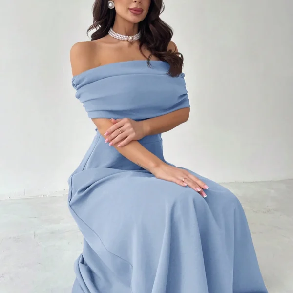 Firerie فستان أنثوي أنيق وبسيط وأنيق وخاطف للأنظار ، للنساء، مناسب للصيف والرحلات والمواعيد ، كتف مكشوف وخصر مرتفع وقصة A-line بلون رمادي الشمسية