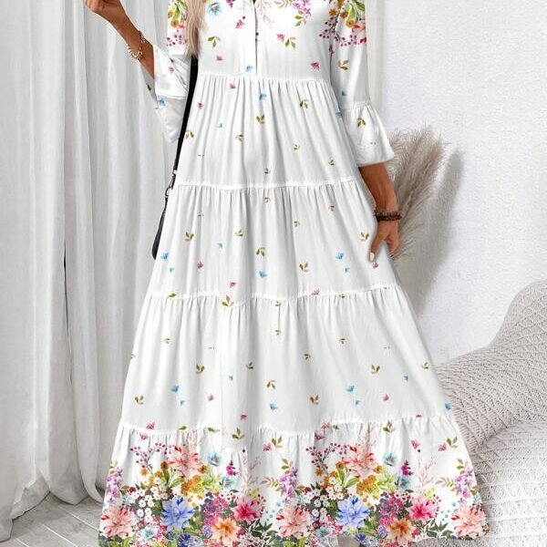 SHEIN LUNE فستان طويل بياقة على شكل حرف V مع طيات، مناسب للخريف