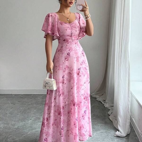 SHEIN Modely العيد فستان صيفي فرنسي لطيف مطبوع بفراشات، بأكمام خفاش ومطوي، من القماش الشيفون