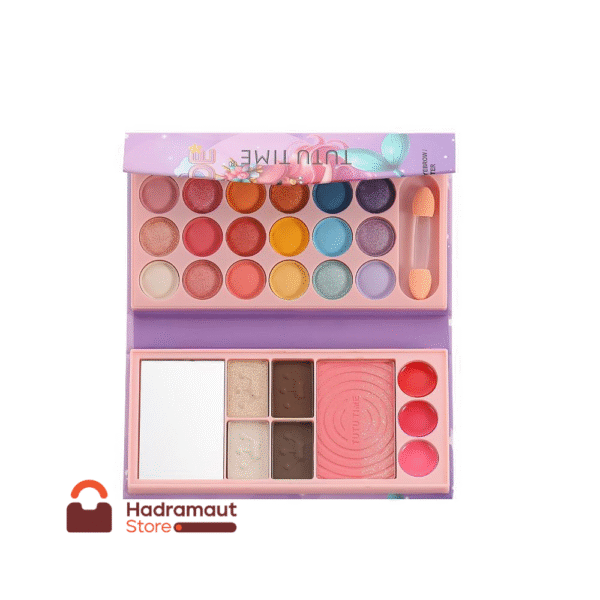 باليت مكياج "TUTU TIME" هو مجموعة مكياج شاملة تحتوي على ظلال عيون وأحمر خدود وألوان متنوعة. يتكون الباليت من جزئين