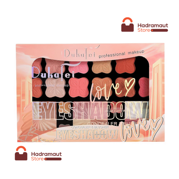 باليت "Dukafei" للميك أب بروفيشنال تحتوي على ظلال عيون (EYESHADOW) بألوان متنوعة من البني والوردي والبيج، بالإضافة إلى هايلايتر